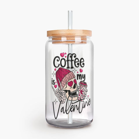 Coffee is My Valentine Iced Coffee Glass, Galentine's Day Gift, BFF Gift, Skulls, Skeleton Glass, Can Shaped Glass, Trendy Glass Cup