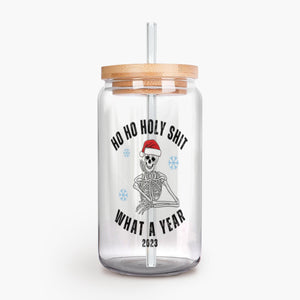 Ho Ho Holy Shit What a Year Mug 2023 Year in Review Skeleton Christmas Iced Coffee Trendy Glass Cup, Glass Skull Mugs, Can Shaped Glass