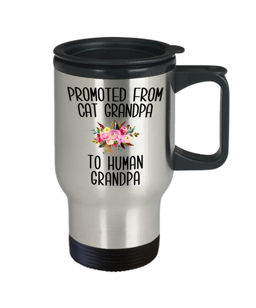 Promoted From Cat Grandpa To Human Grandpa Mug Grandfather Pregnancy Announcement Father in Law Pregnancy Reveal Gift for Him Insulated Travel Coffee Cup