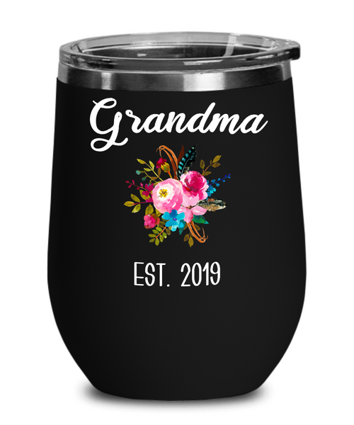 Grandma to be Gifts for New Grandma Est 2019 Wine Tumbler Pregnancy Announcement for Grandparents Reveal Insulated Hot Cold Travel Cup BPA Free