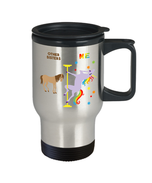 Funny Gift for Sister Mug Twin Sister Birthday Travel Coffee Cup Pole Dancing Unicorn 14oz