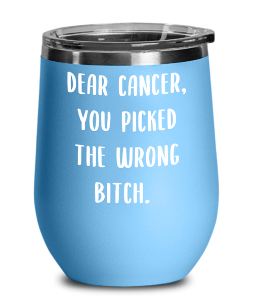 Gift for Breast Cancer Patient Survivor Wine Tumbler Dear Cancer You Picked the Wrong Bitch Travel Stemless Cup BPA Free