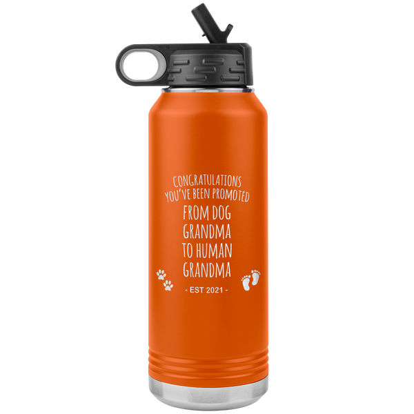 Promoted From Dog Grandma To Human Grandma Est 2021 Pregnancy Reveal Announcement New Baby Gift Insulated Water Bottle 32oz BPA Free