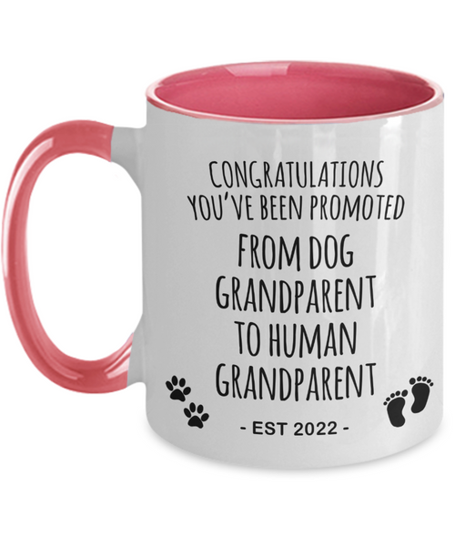 Dog Grandparent to Human Grandparent Est 2022 Mug Two-Tone Coffee Cup Funny Gift