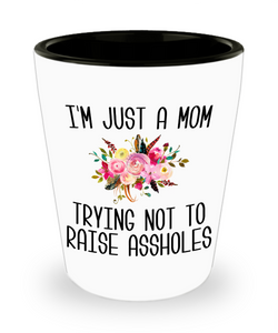 I'm Just a Mom Trying Not to Raise Assholes Sarcastic Shot Glass Funny Mother's Day Gift