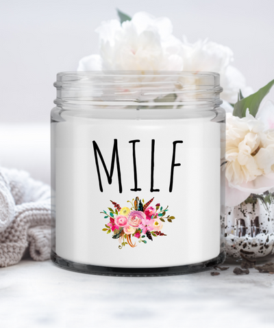 Funny Baby Shower Gift for New Mom MILF Candle Vanilla Scented Soy Wax Blend 9 oz. with Lid