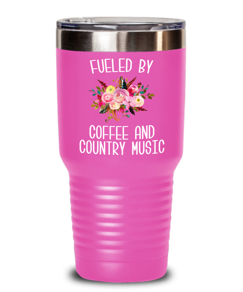 Fueled By Coffee and Country Music Tumbler Country Insulated Travel Coffee Cup Cute Floral Country Western Music Fan Gift for Her Nashville Mug I Love Country BPA Free