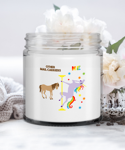 Mail Carrier Gift Other Mail Carriers Vs Me Rainbow Unicorn Candle Vanilla Scented Soy Wax Blend 9 oz. with Lid