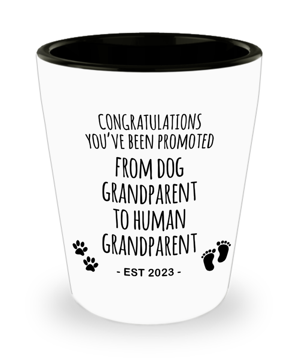 Dog Grandparent to Human Grandparent Est 2023 Ceramic Shot Glass Funny Gift