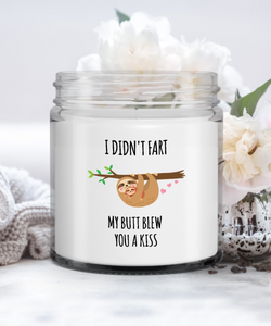 Sloth Candle I Didn't Fart My Butt Blew You A Kiss Candle Vanilla Scented Soy Wax Blend 9 oz. with Lid