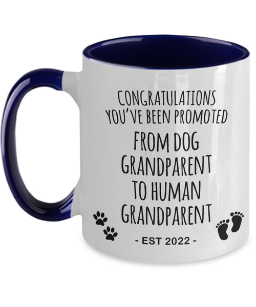 Dog Grandparent to Human Grandparent Est 2022 Mug Two-Tone Coffee Cup Funny Gift
