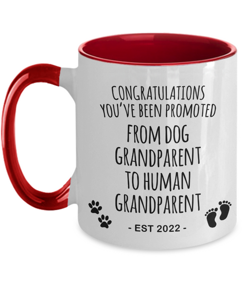 Dog Grandparent to Human Grandparent Est 2022 Mug Two-Tone Coffee Cup Funny Gift