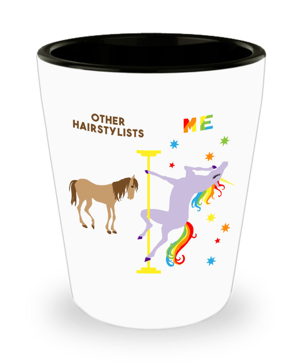 Funny Hairstylist Gift for a Hairstylist Birthday for Hairdresser Hair Stylist Pole Dancing Unicorn Ceramic Shot Glass