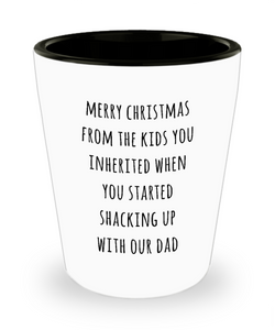 Stepmom Christmas Present Stepmother Gift for Stepmoms Funny Merry Christmas from the Kids You Inherited When You Started Shacking with Our Dad Ceramic Shot Glass