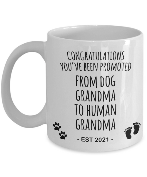 Promoted From Dog Grandma To Human Grandma Mug Est 2021 Pregnancy Reveal Announcement New Baby Coffee Cup