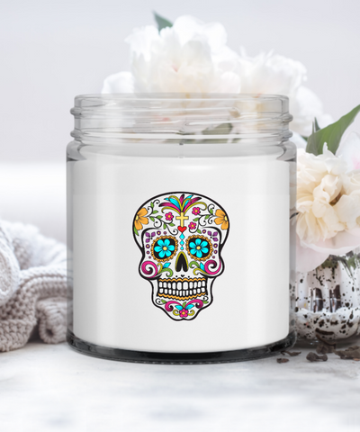 Day of the Dead Dia De Los Muertes Sugar Skull Head Candle Vanilla Scented Soy Wax Blend 9 oz. with Lid