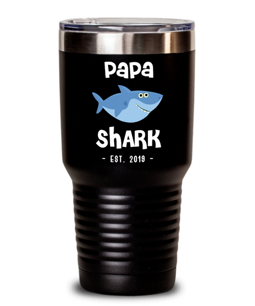 Papa Shark Tumbler New Papa Est 2019 Mug Insulated Travel Coffee Cup BPA Free Do Do Do Expecting Papas Pregnancy Reveal Announcement Gifts