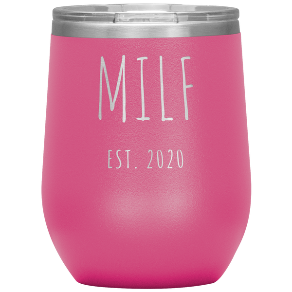 MILF Est 2020 Wine Tumbler Expecting Mom Gifts Push Present Funny Stemless Stainless Steel Insulated Tumblers BPA Free 12oz Travel Cup