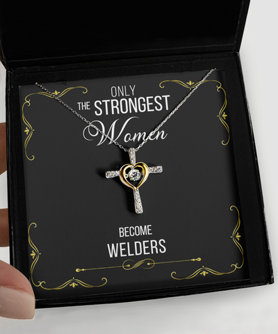 Gift For Welders Gifts For Her Only The Strongest Women Become Welders Cross Necklace 14K Gold Plated Sterling Silver Cubic Zirconia Pendant