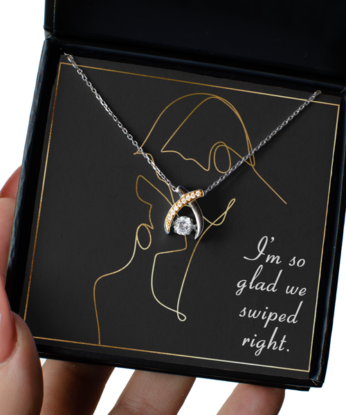 Romantic Gift for Girlfriend From Boyfriend Dancing Wishbone I Love You Anniversary I'm So Glad We Swiped Right Gold Plated Sterling Silver Necklace