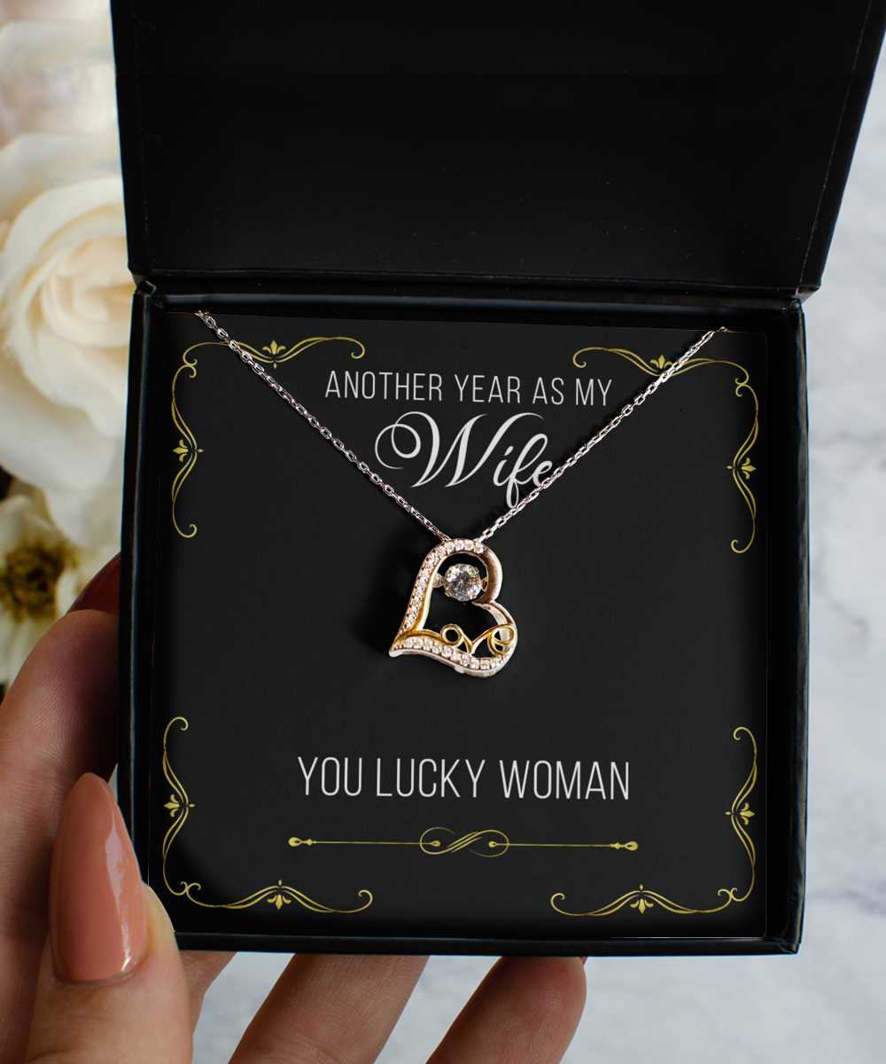 Anniversary Gift for Wife Another Year As My Wife You Lucky Woman Sterling Silver 14K Gold Plated CZ Heart Necklace