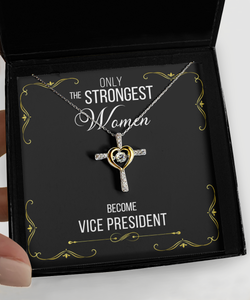 Gift For Vice President Gifts For Her Only The Strongest Women Become Vice President Cross Necklace 14K Gold Plated Sterling Silver Cubic Zirconia Pendant