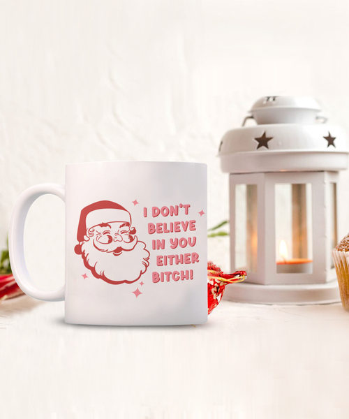 Snarky Christmas Mug Gift Exchange Idea I Don't Believe in You Either Bitch Sarcastic Santa Coffee Cup