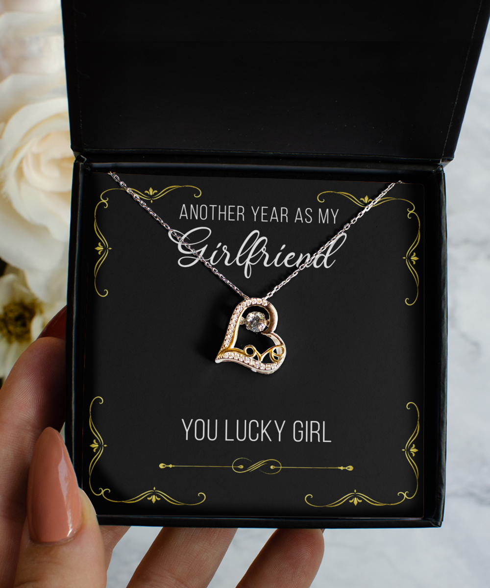 Cute Gift for Girlfriend Valentine's Day Present Another Year As My Girlfriend You Lucky Girl Sterling Silver 14K Gold Plated CZ Heart Necklace