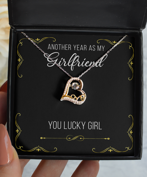 Cute Gift for Girlfriend Valentine's Day Present Another Year As My Girlfriend You Lucky Girl Sterling Silver 14K Gold Plated CZ Heart Necklace