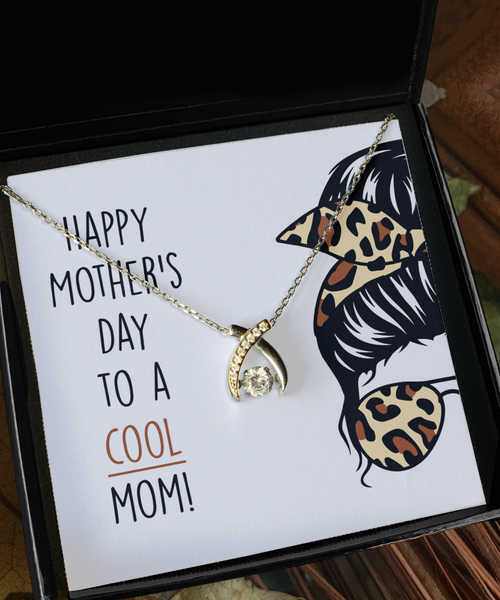 Mom Gift From Kids Happy Mother's Day to a Cool Mom Wishbone Necklace Leopard Print Message Card Gift Box for Mom