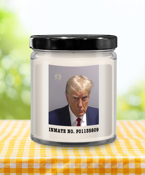 Donald Trump Mugshot Election 2024 Inmate No. P01135809 9oz. Vanilla Scented Soy Wax Candle
