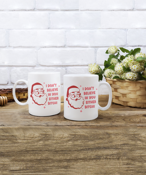 Snarky Christmas Mug Gift Exchange Idea I Don't Believe in You Either Bitch Sarcastic Santa Coffee Cup